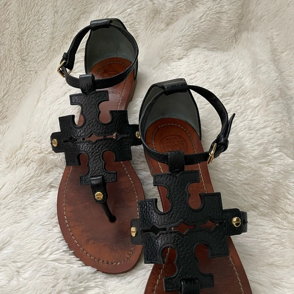Tory Burch Black Leather Logo T-Strap Sandals
